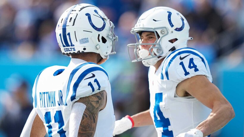 Indianapolis Colts wide receiver Michael Pittman Jr. (11) and wide receiver Alec Pierce (14) celebrate a touchdown