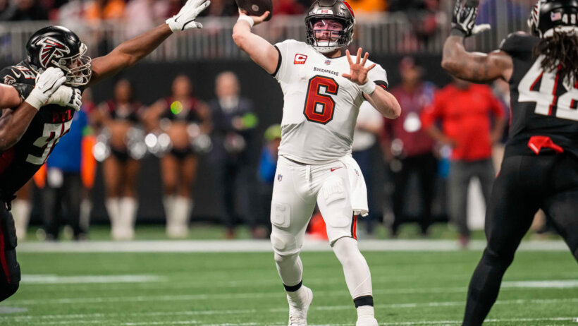 Tampa Bay Buccaneers quarterback Baker Mayfield (6) passes the ball against the Atlanta Falcons