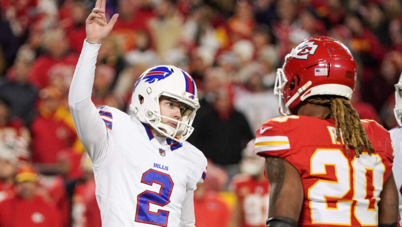 Buffalo Bills kicker Tyler Bass celebrates a game-winning field goal against the Kansas City Chiefs