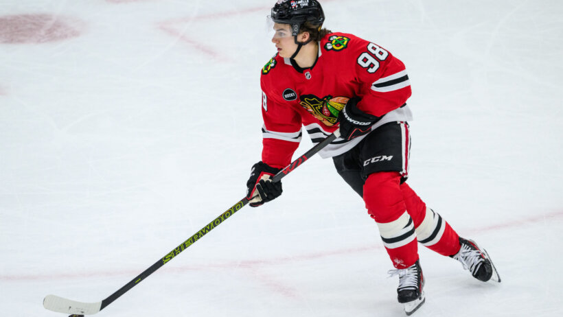 Chicago Blackhawks center Connor Bedard skates with the puck