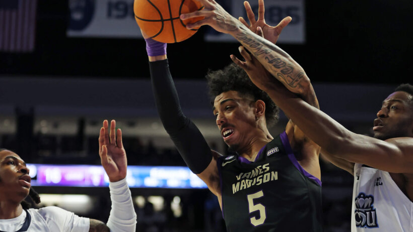 James Madison Dukes guard Terrence Edwards grabbing a rebound