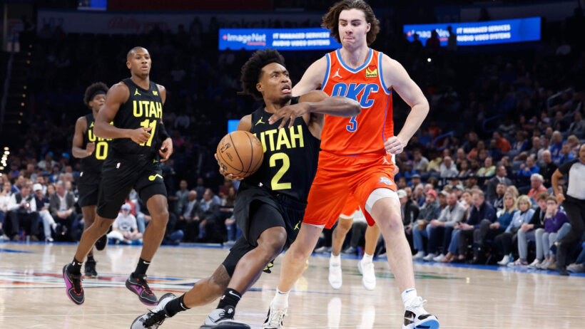 Utah Jazz guard Collin Sexton drives past Oklahoma City Thunder guard Josh Giddey