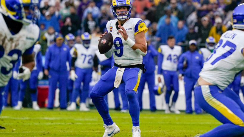 Los Angeles Rams quarterback Matthew Stafford (9) looks to pass against the Baltimore Ravens