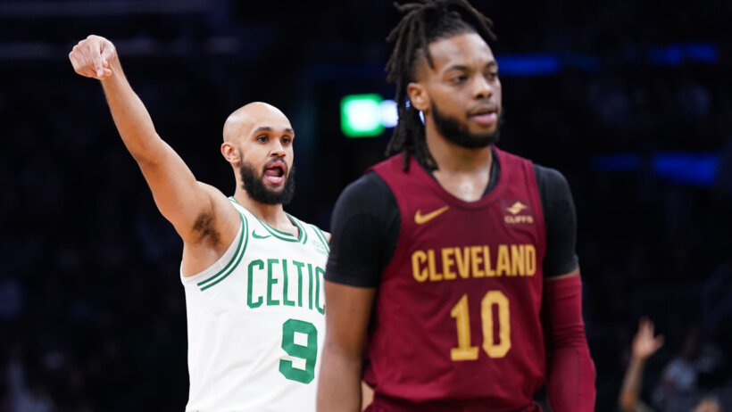 Boston Celtics guard Derrick White celebrates a three against the Cleveland Cavaliers