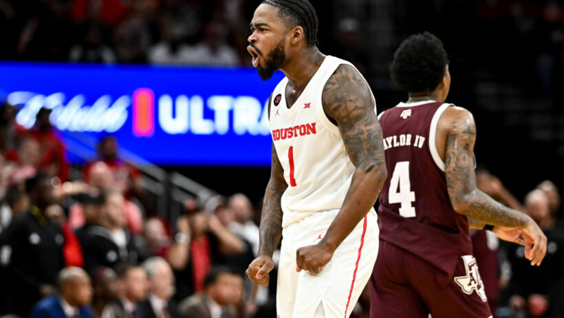 Houston Cougars guard Jamal Shead celebrates a bucket against the Texas A&M Aggies