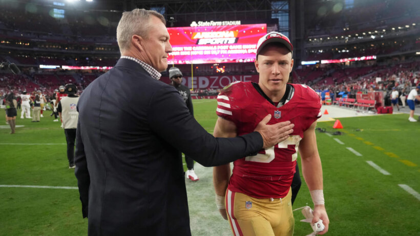 GM John Lynch congratulating Christian McCaffrey after another 49ers win.