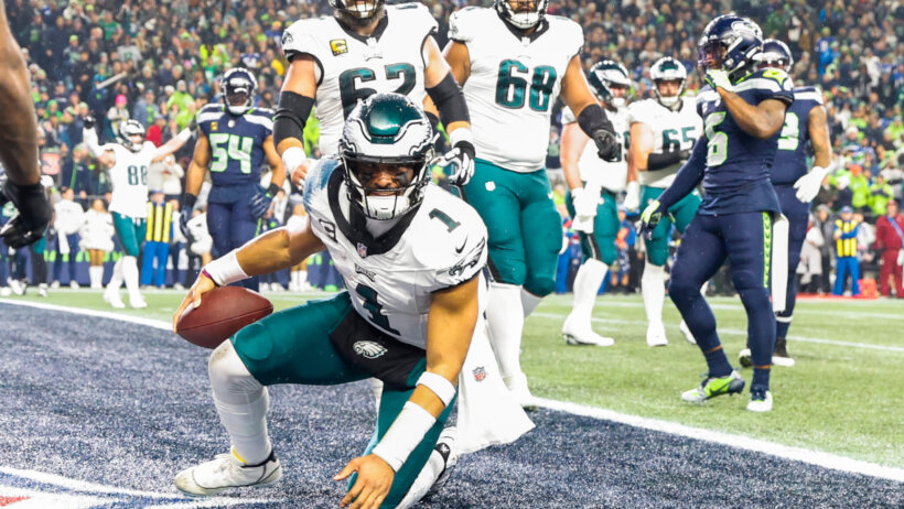 Philadelphia Eagles quarterback Jalen Hurts (1) reacts after rushing for a touchdown