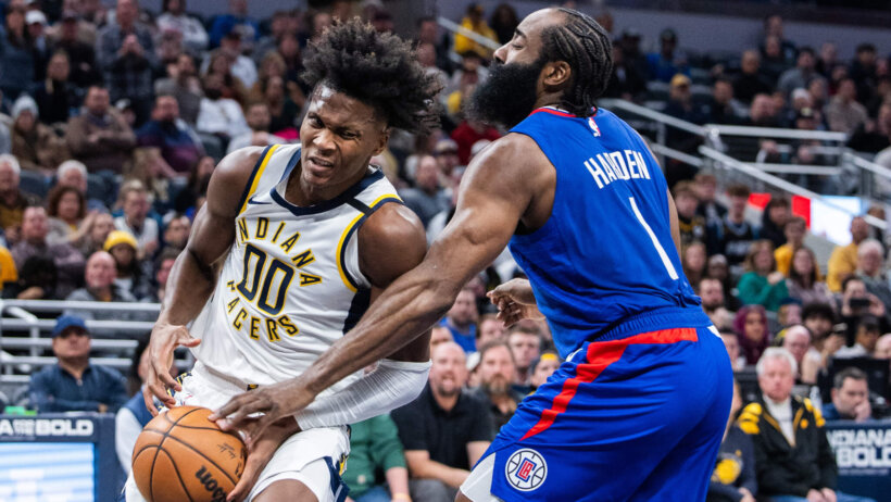LA Clippers guard James Harden strips the ball from Indiana Pacers guard Bennedict Mathurin