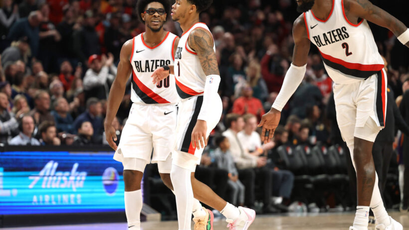 Portland Trail Blazers guard Anfernee Simons reacts after scoring a basket