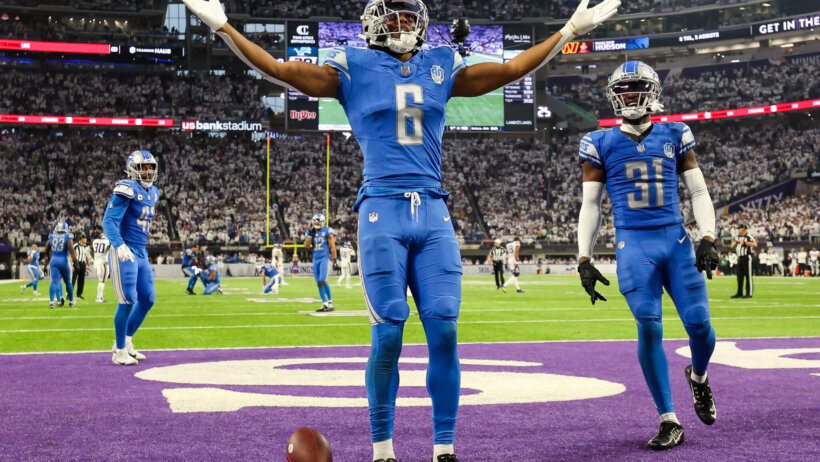 Detroit Lions safety Ifeatu Melifonwu (6) celebrates after he intercepted a pass against the Minnesota Vikings