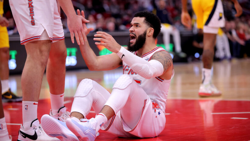 Houston Rockets guard Fred VanVleet on the deck after getting fouled
