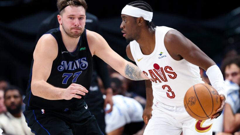 Cleveland Cavaliers guard Caris LeVert guarded by Dallas Mavericks guard Luka Doncic