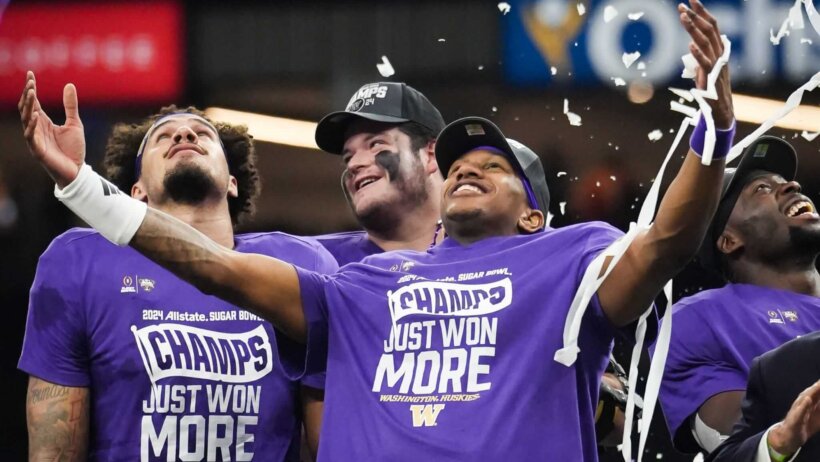 Washington Huskies quarterback Michael Penix Jr celebrates winning the Sugar Bowl