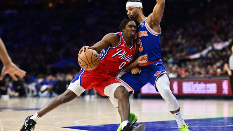 Philadelphia 76ers guard Tyrese Maxey drives against New York Knicks guard Josh Hart
