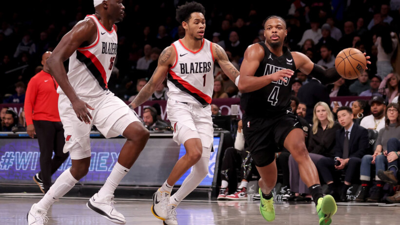 Brooklyn Nets guard Dennis Smith Jr drives to the basket against the Portland Trail Blazers