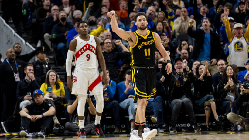 Golden State Warriors forward Klay Thompson celebrates a three against the Toronto Raptors