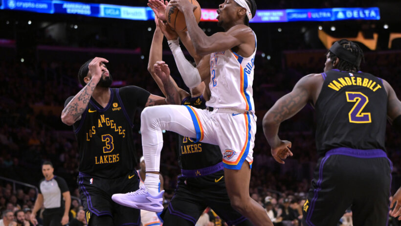 Oklahoma City Thunder guard Shai Gilgeous-Alexander goes for a layup against the Los Angeles Lakers
