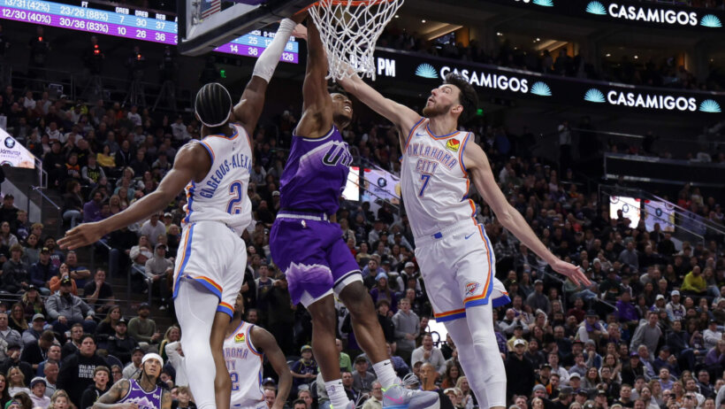 Utah Jazz guard Collin Sexton dunks against the OKC Thunder