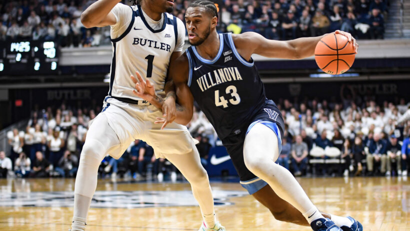 Villanova Wildcats forward Eric Dixon drives to the basket against Butler Bulldogs forward Jalen Thomas
