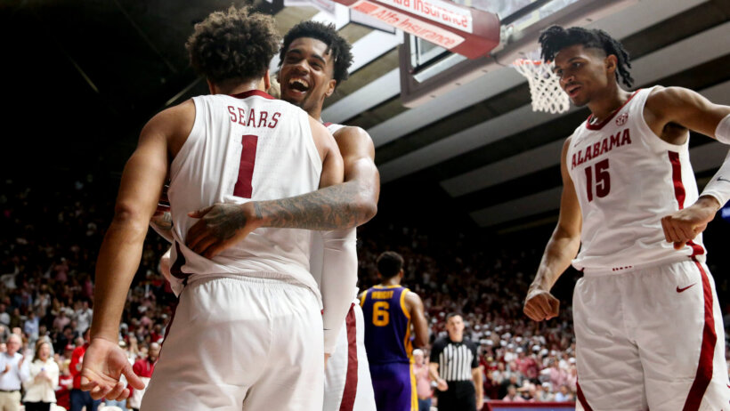 Alabama guard Mark Sears celebrates a basket