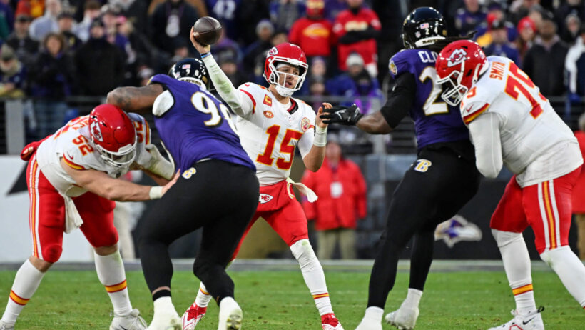 Kansas City Chiefs quarterback Patrick Mahomes passes the ball against the Baltimore Ravens