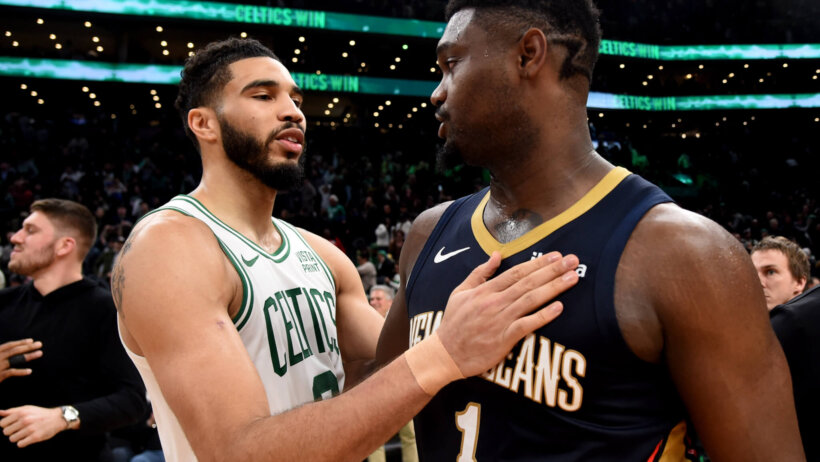 Boston Celtics forward Jayson Tatum and New Orleans Pelicans forward Zion Williamson