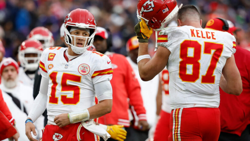 Kansas City Chiefs quarterback Patrick Mahomes and tight end Travis Kelce on the field