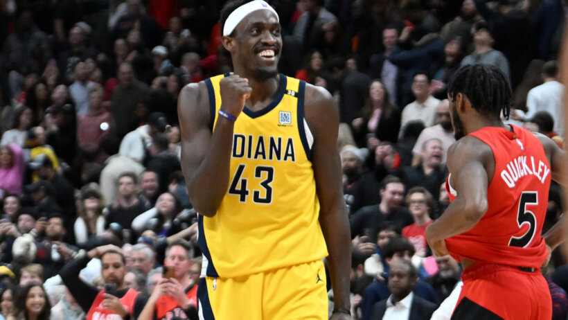 Indiana Pacers forward Pascal Siakam smiling on the court