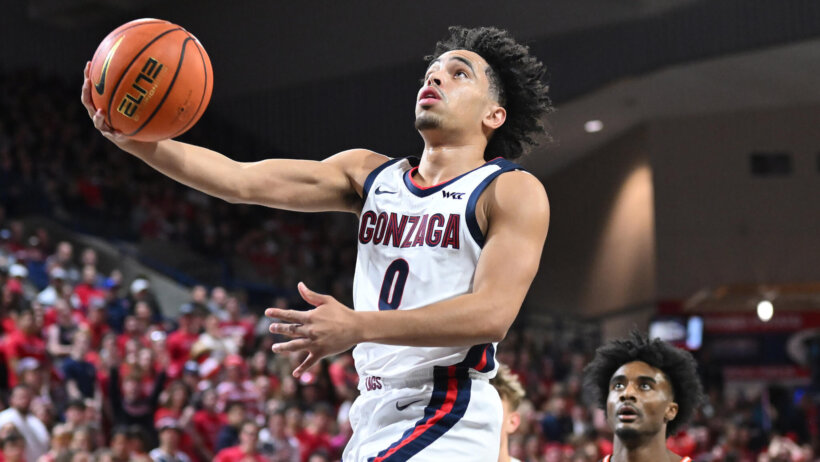 Gonzaga Bulldogs guard Ryan Nembhard goes for a layup