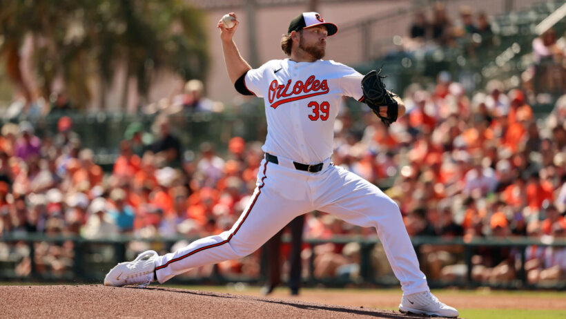 Baltimore Orioles starting pitcher Corbin Burnes throwing during spring training