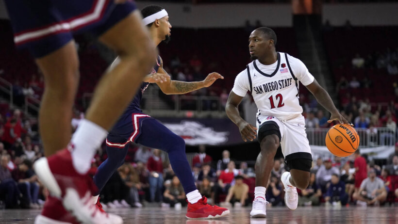 San Diego State Aztecs basketball player Darrion Trammell dribbles a basketball.