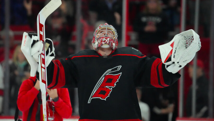 Hurricanes goalie Frederik Anderson celebrating a win