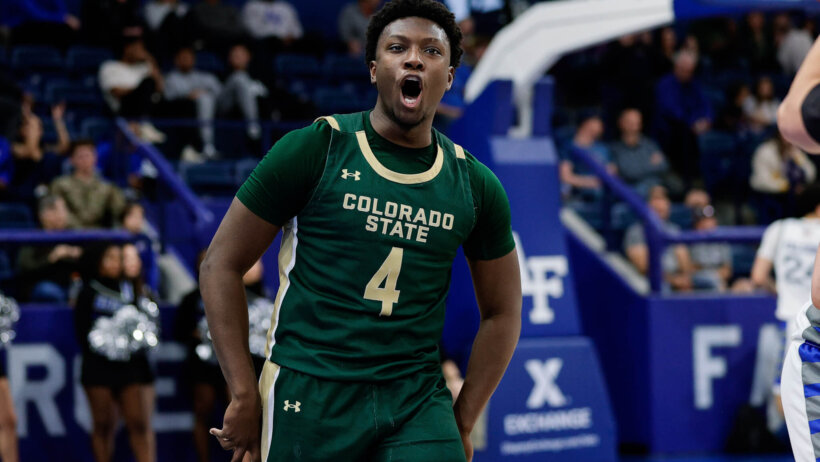 Colorado State Rams guard Isaiah Stevens celebrates after a basket