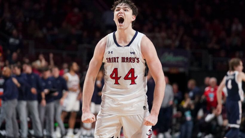 Saint Mary's Gaels guard Alex Ducas celebrates