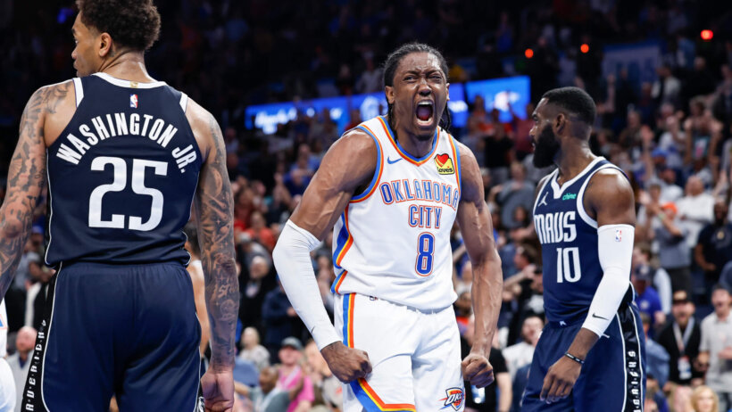 Oklahoma City Thunder forward Jalen Williams celebrates a basket against the Dallas Mavericks