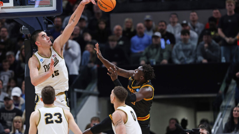 Purdue Boilermakers center Zach Edey blocking a shot