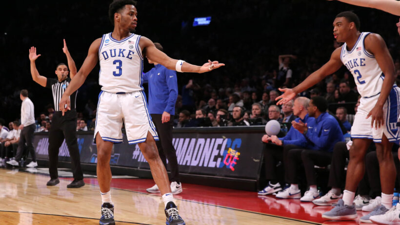 Duke guard Jeremy Roach celebrates a three-point basket