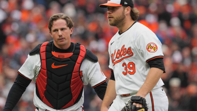 Baltimore Orioles pitcher Corbin Burnes and catcher Adley Rutschman after a win