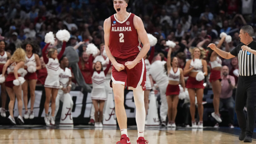 Alabama Crimson Tide forward Grant Nelson celebrates a basket