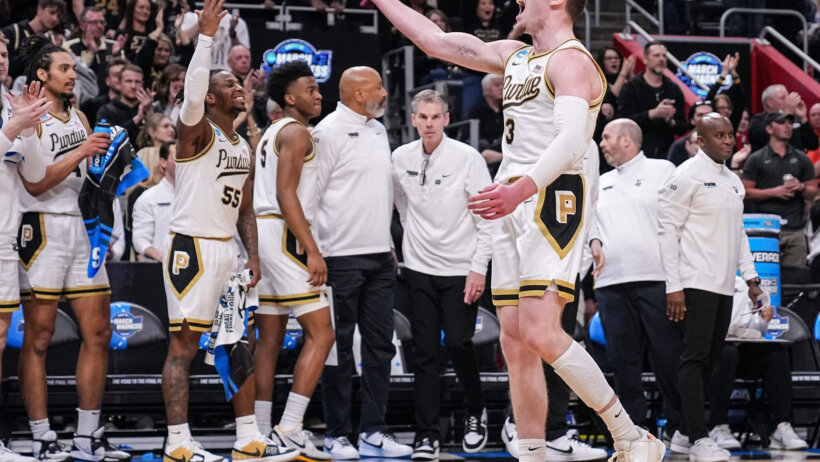 Purdue Boilermakers guard Braden Smith screaming excitedly