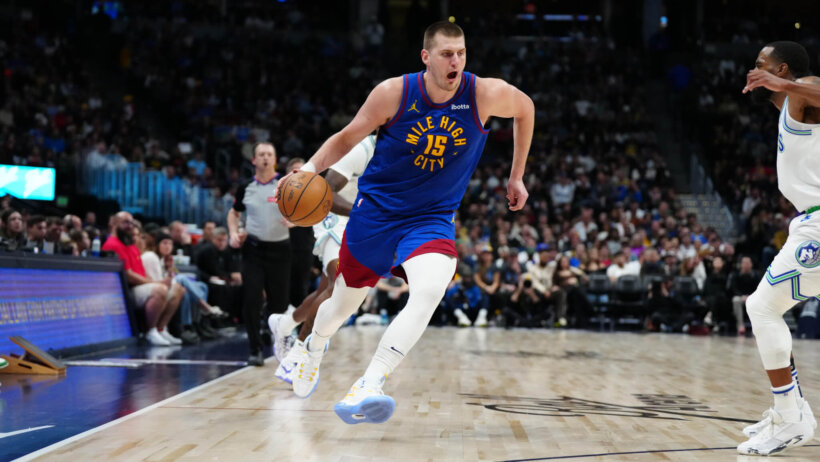 Denver Nuggets center Nikola Jokic drives to the basket against the Minnesota Timberwolves