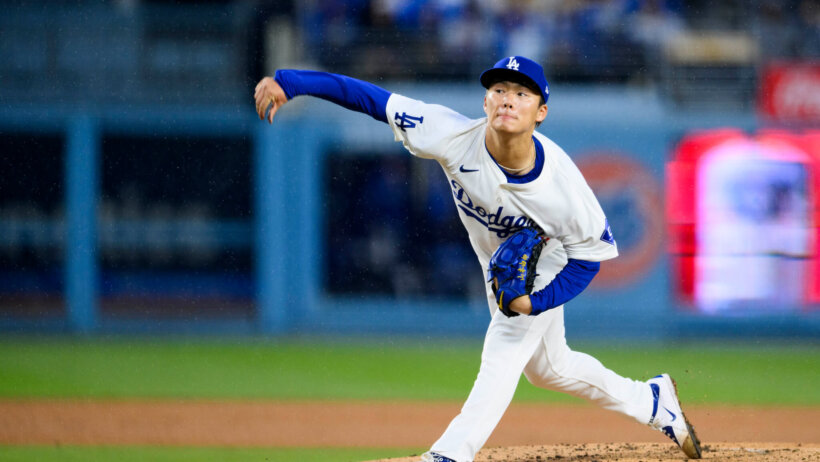 Los Angeles Dodgers starting pitcher Yoshinobu Yamamoto throws out a pitch