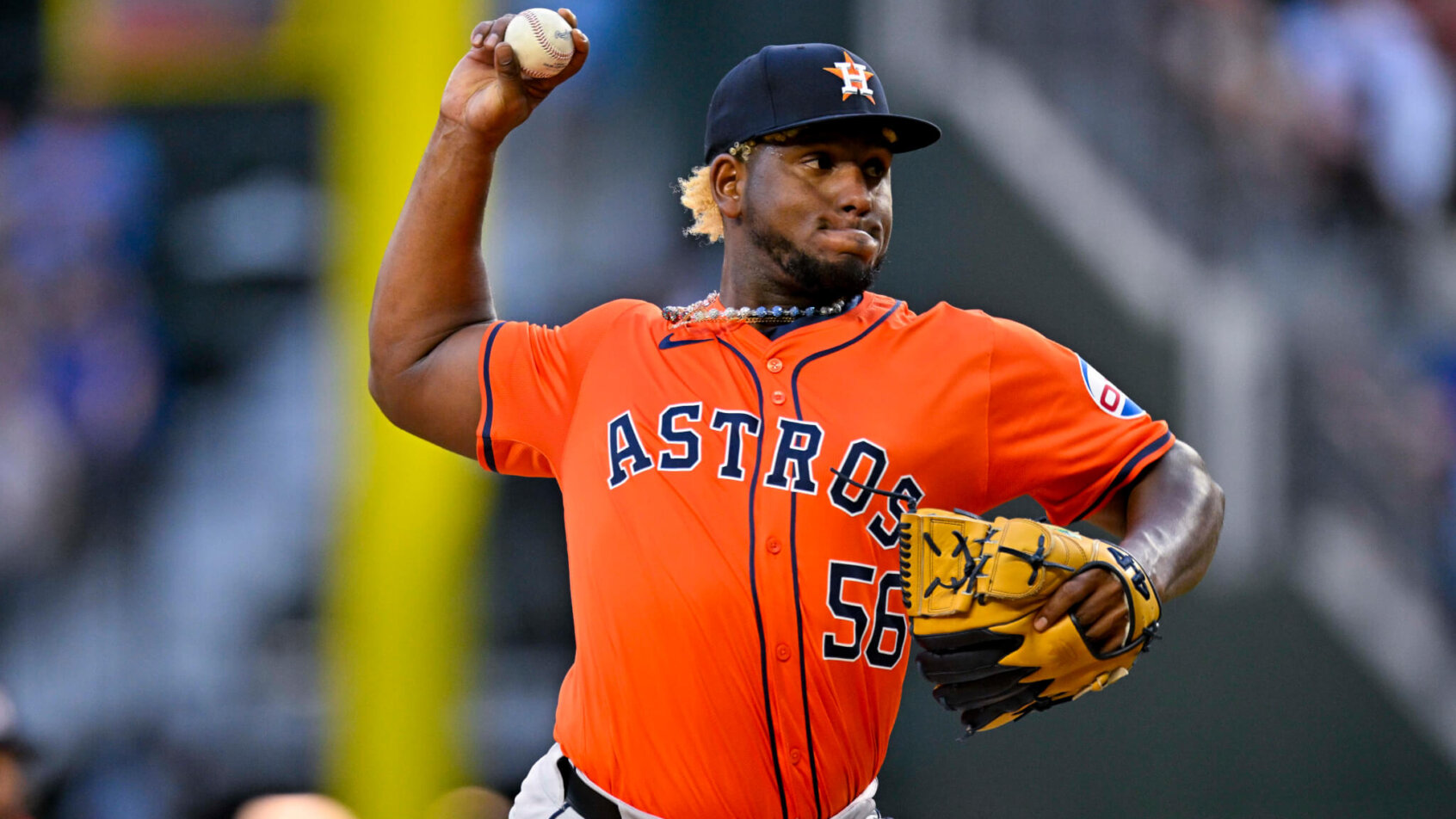 Houston Astros starting pitcher Ronel Blanco pitches against the Texas Rangers
