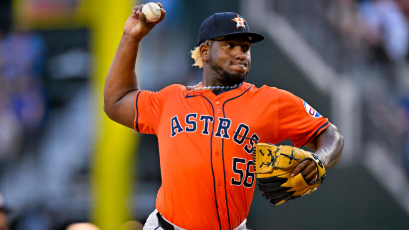 Houston Astros starting pitcher Ronel Blanco pitches against the Texas Rangers
