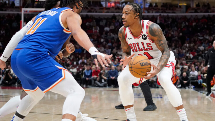 New York Knicks guard Jalen Brunson defends Chicago Bulls forward DeMar DeRozan
