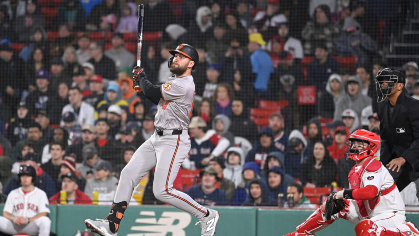 Baltimore Orioles left fielder Colton Cowser hitting a home run against the Boston Red Sox