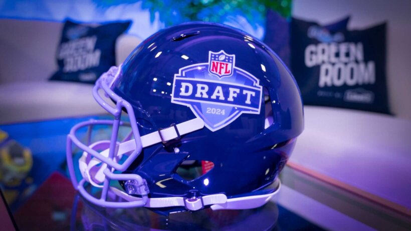 NFL Draft helmet sitting on a table