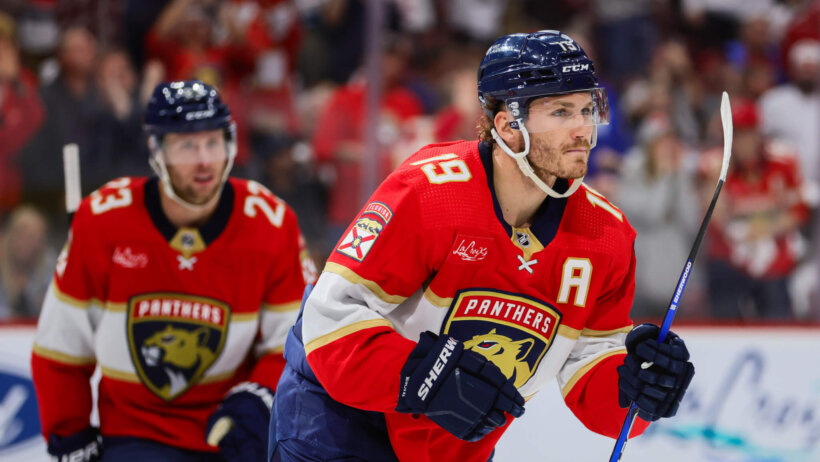 Florida Panthers left wing Matthew Tkachuk looks on after scoring