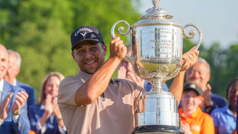Xander Schauffele holds the Wanamaker Trophy after winning the 2024 PGA Championship