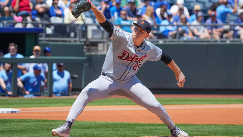 Detroit Tigers starting pitcher Tarik Skubal mid-pitch